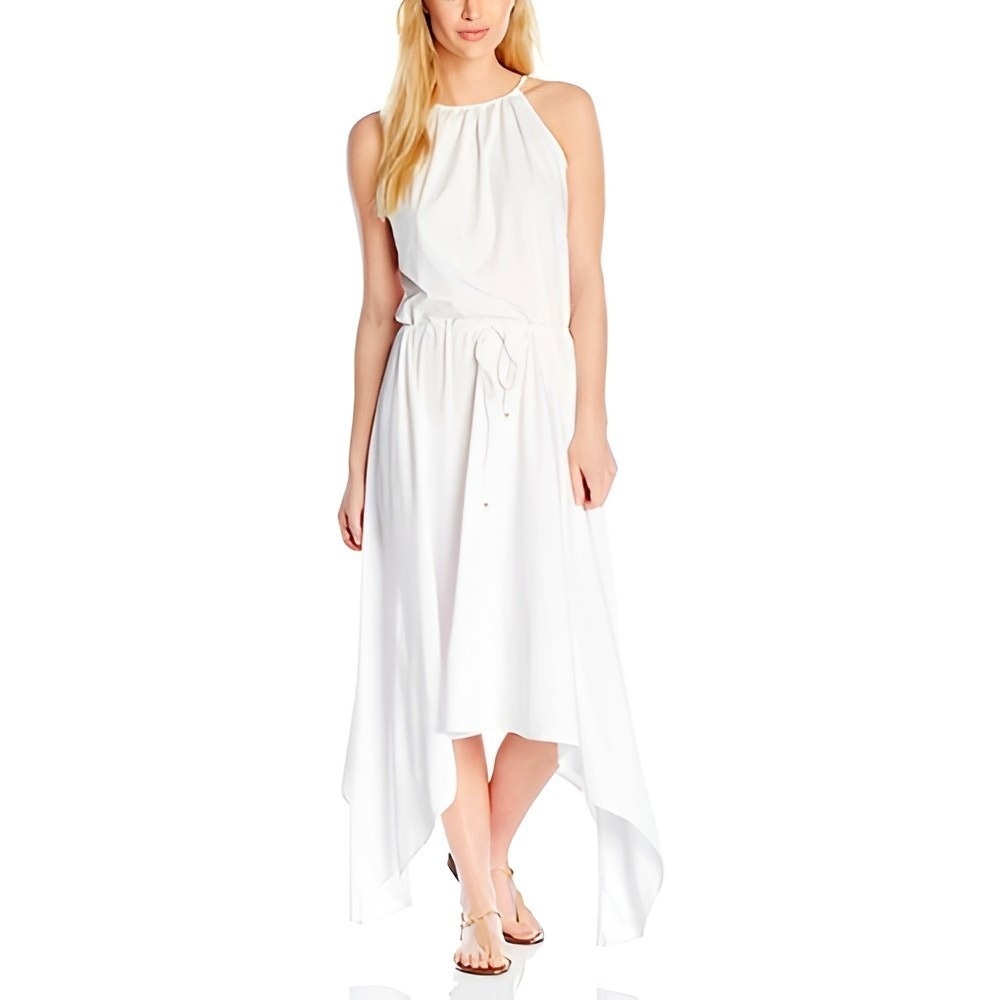PilyQ Women White Water Lilly Boho Hampton Handkerchief Hem Dress M/L